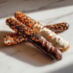 Three Halloween chocolate covered pretzels dipped in dark and white chocolate with orange and black sprinkles.