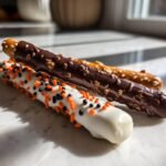 Three pretzel rods decorated for Halloween: one with white chocolate and orange/black sprinkles, one with dark chocolate, and one plain.