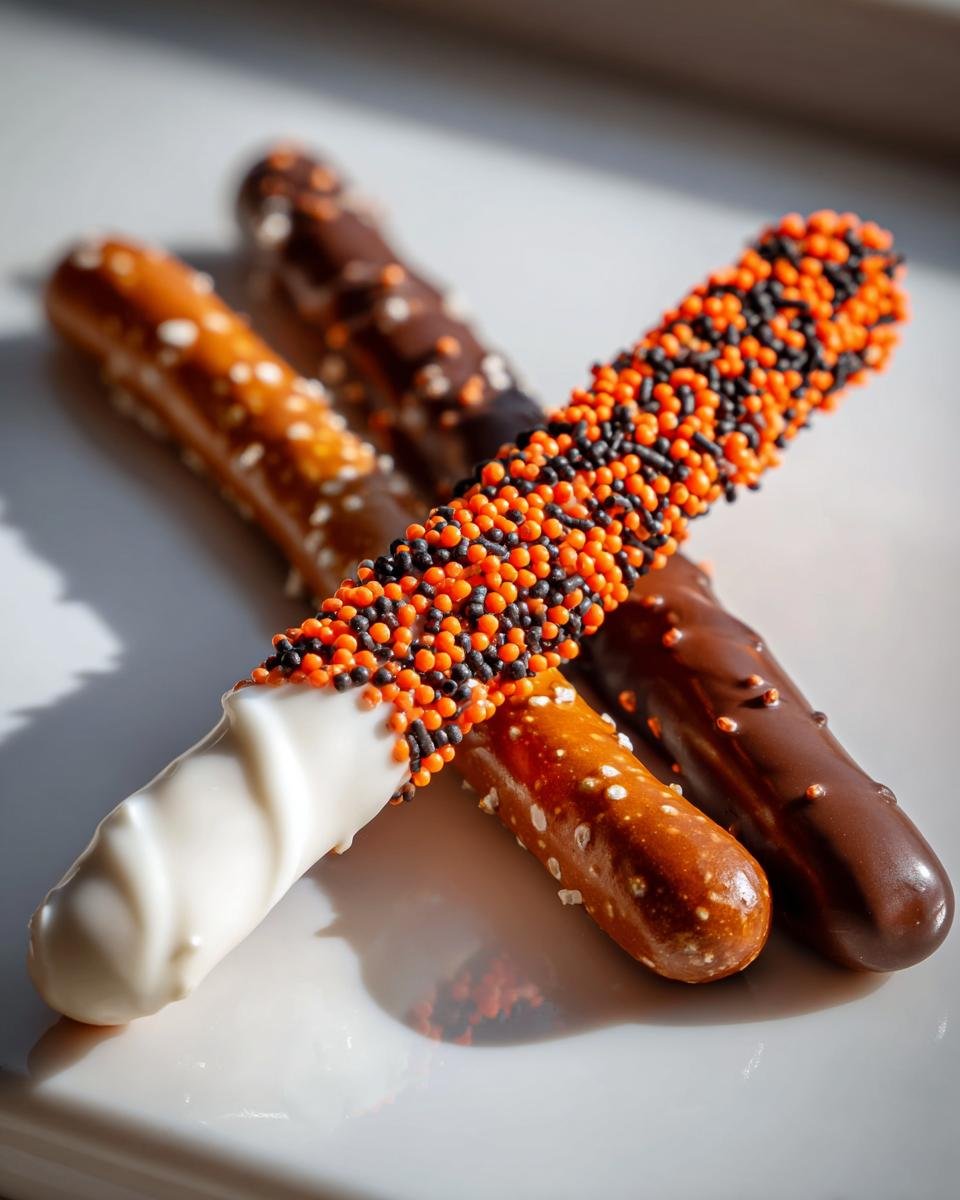 Four pretzel rods dipped in chocolate (white and milk) and decorated with orange and black sprinkles for Halloween Chocolate Covered Pretzels.