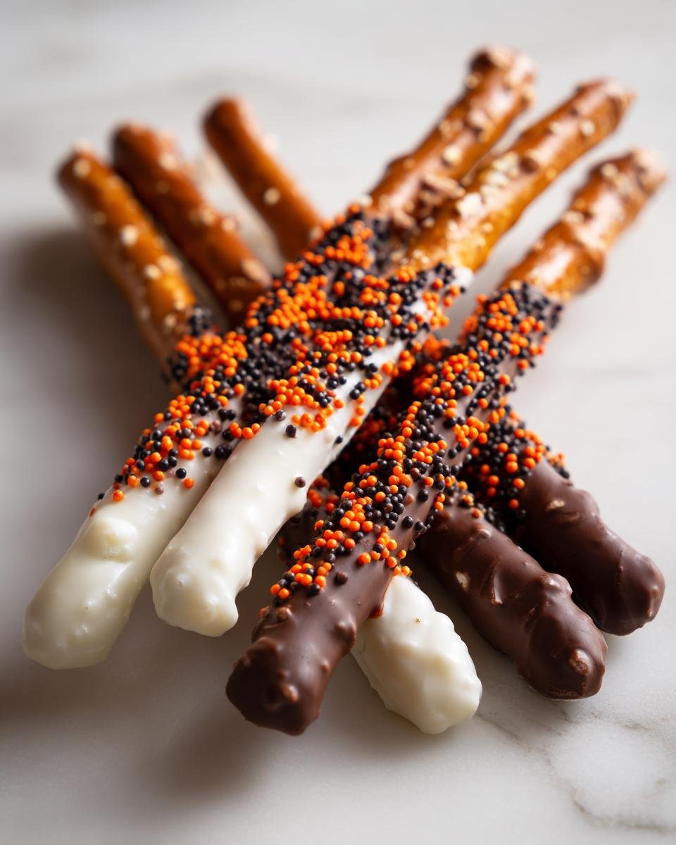 A cluster of Halloween chocolate covered pretzels dipped in white and milk chocolate and covered in orange and black sprinkles.