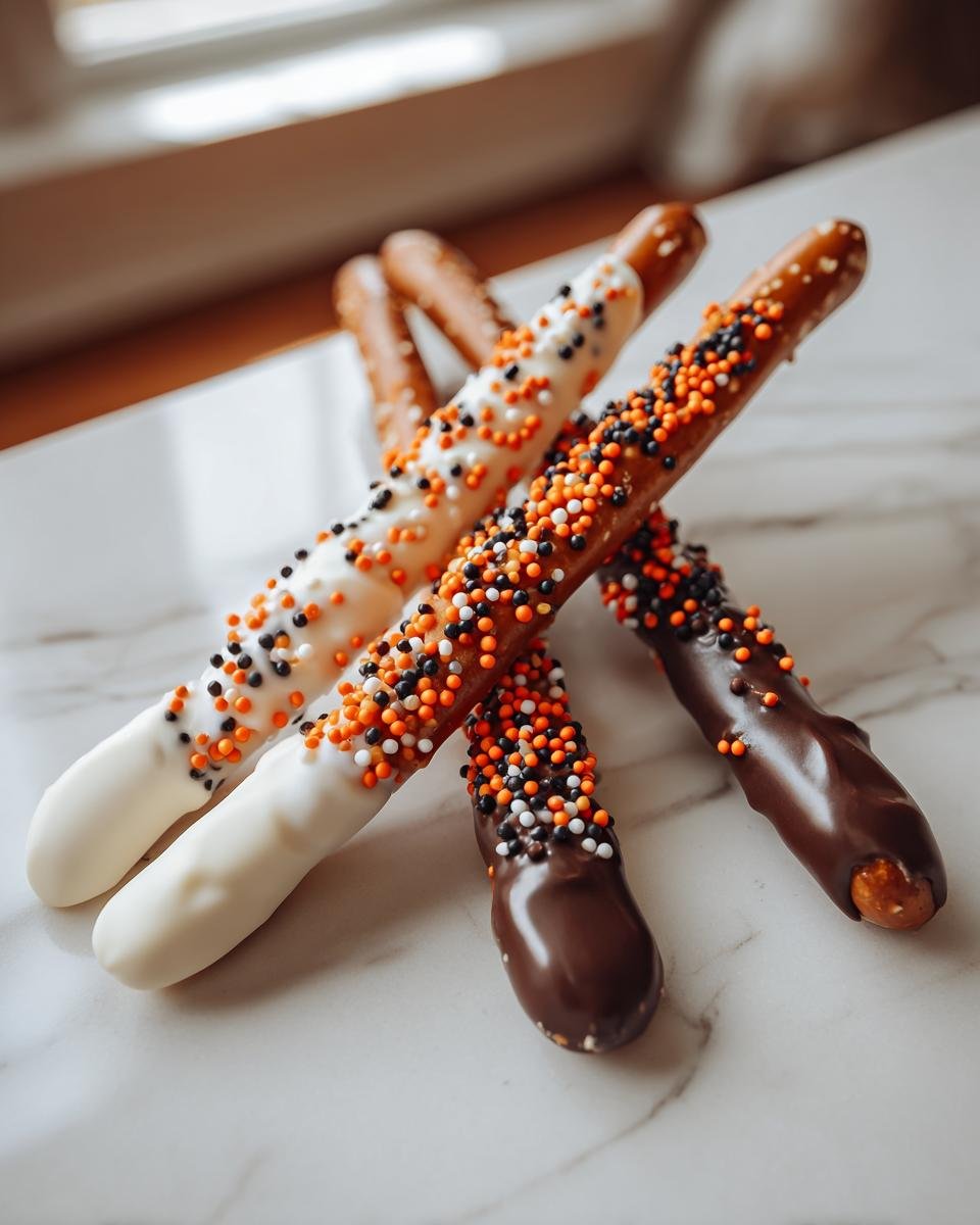 Close-up of four Halloween Chocolate Covered Pretzels decorated with orange, black, and white sprinkles on a marble surface.