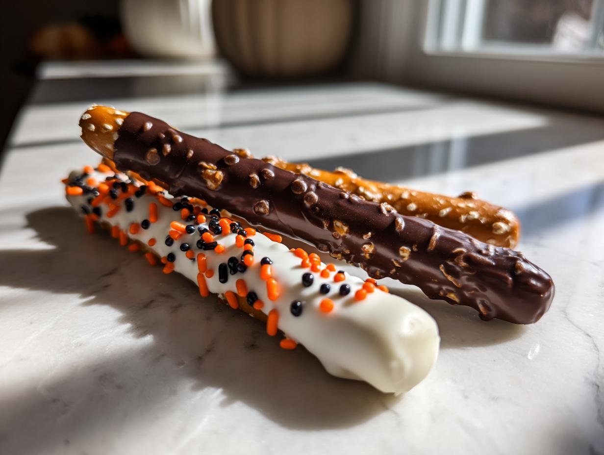 Three pretzel rods decorated for Halloween: one with white chocolate and orange/black sprinkles, one with dark chocolate, and one plain.