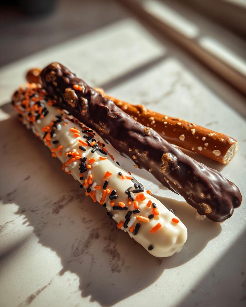 Three pretzel rods: one plain, one dipped in dark chocolate, and one dipped in white chocolate with orange and black Halloween Chocolate Covered Pretzels sprinkles.