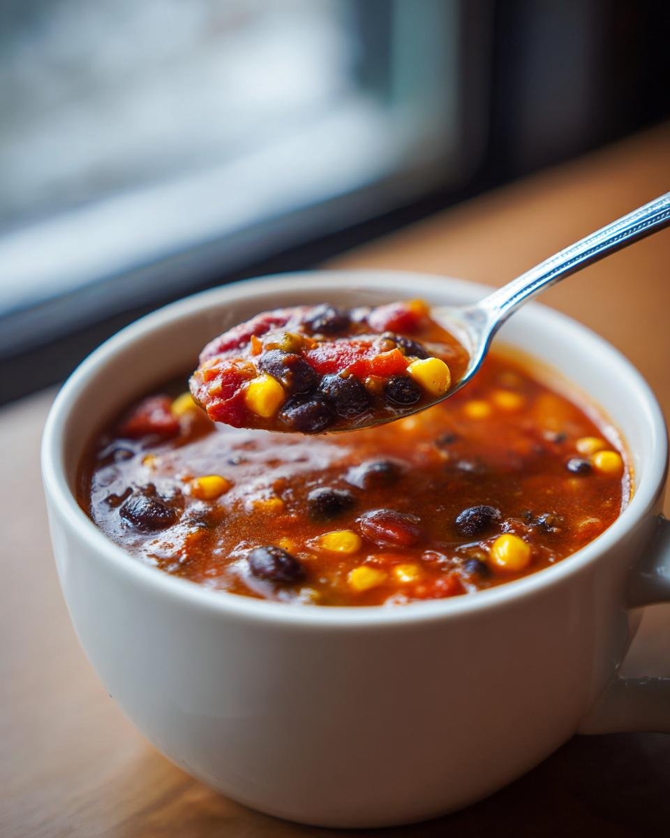 A spoonful of rich, red Hearty Vegan Taco Soup loaded with black beans and corn being lifted from a white mug.