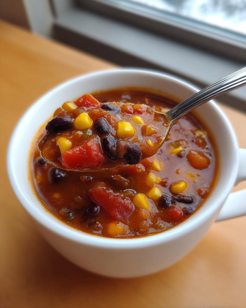 A spoonful lifted from a white mug shows black beans, corn, and diced tomatoes in the rich broth of Hearty Vegan Taco Soup.