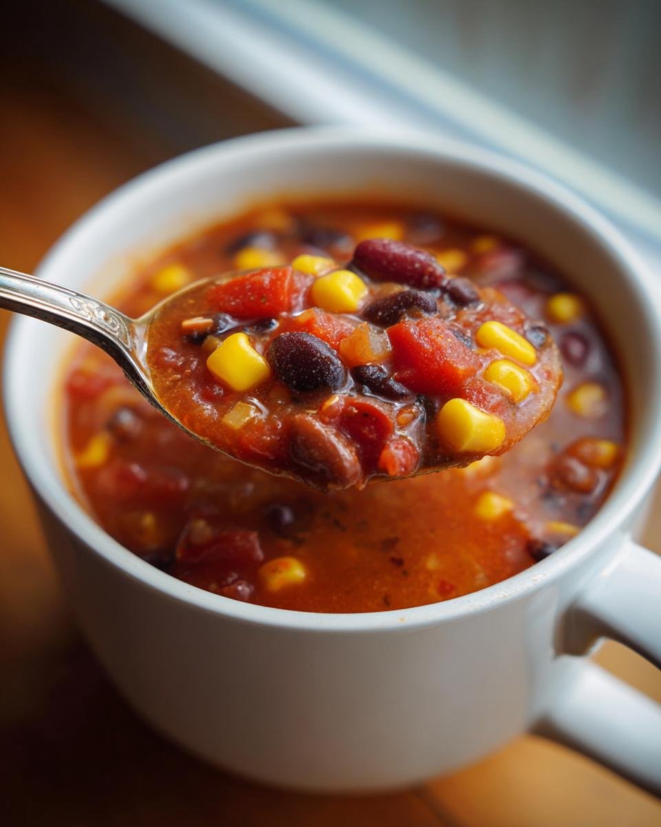 A spoonful of Hearty Vegan Taco Soup showing black beans, kidney beans, corn, and diced tomatoes being lifted from a white mug.