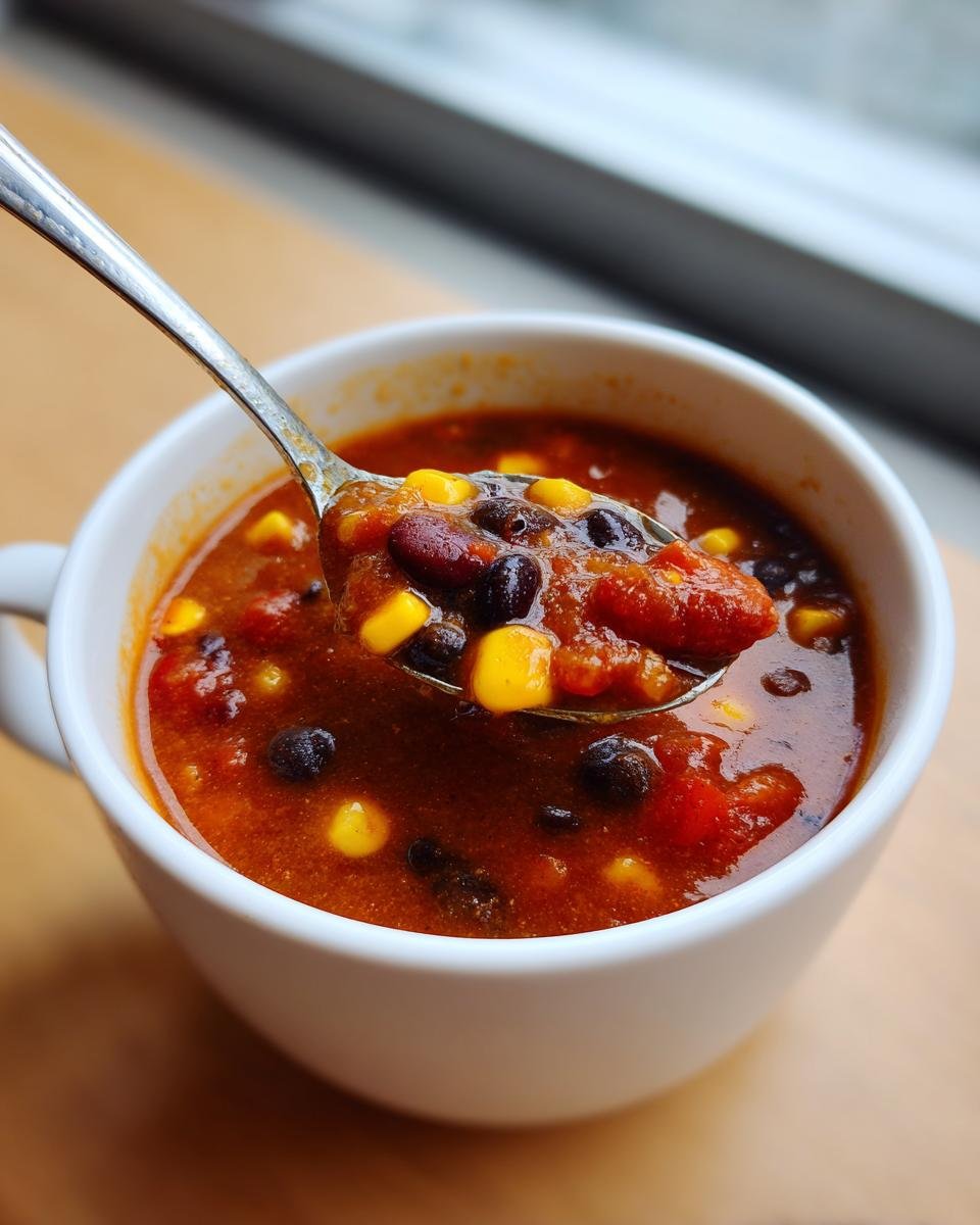 A spoonful of rich, red Hearty Vegan Taco Soup featuring black beans, kidney beans, and corn kernels being lifted from a white mug.