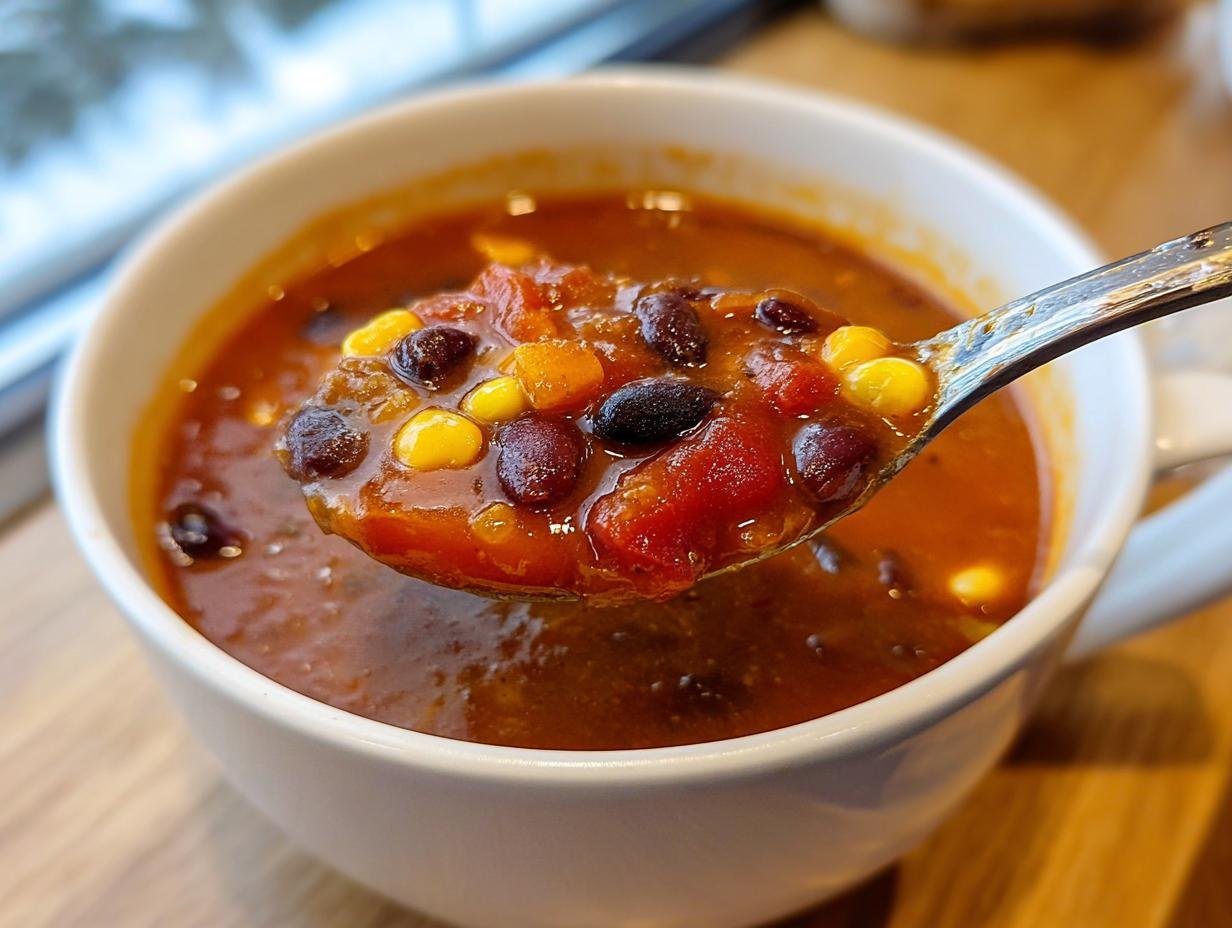 A spoonful lifted from a bowl showing black beans, corn, and tomatoes in the Hearty Vegan Taco Soup.