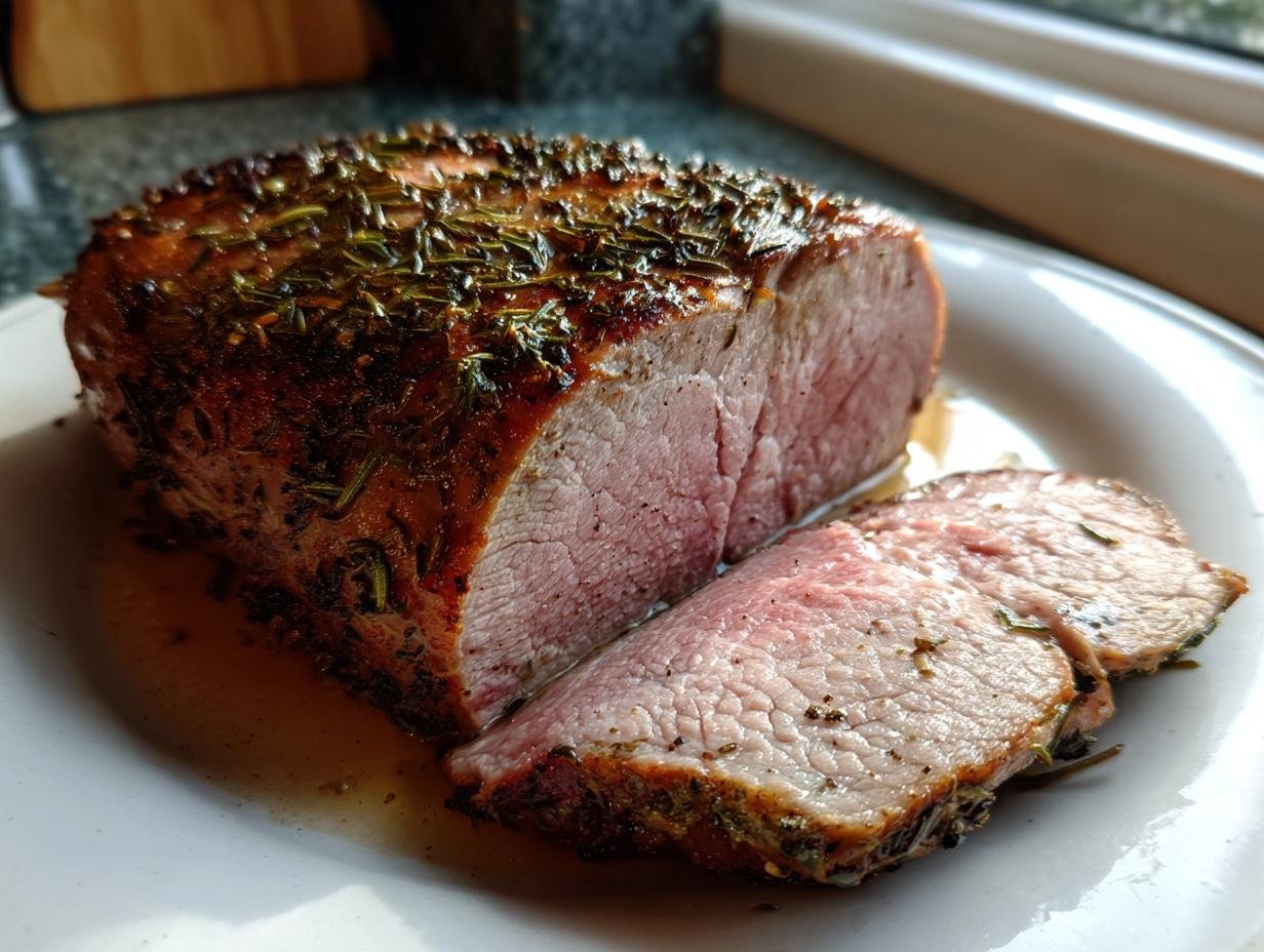 Close-up of a juicy, herb-crusted Pork Loin Roast, sliced to show medium-rare interior.