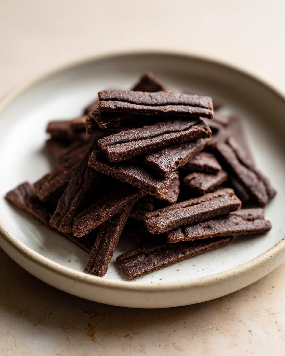 Close-up of a rustic pile of dark brown, rectangular Chocolate Crackers stacked on a light ceramic plate.