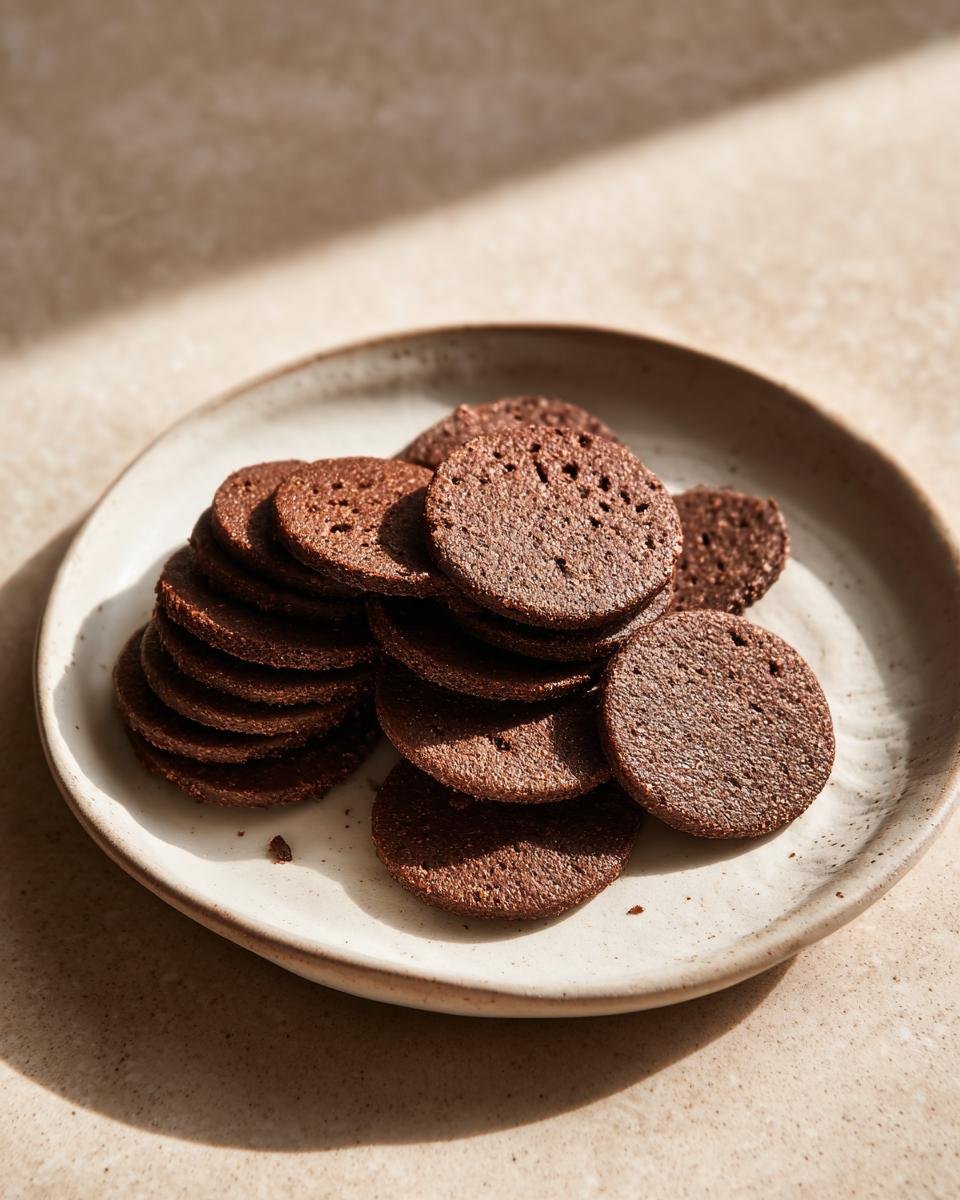 A pile of thin, round, dark brown Chocolate Crackers stacked on a rustic ceramic plate.