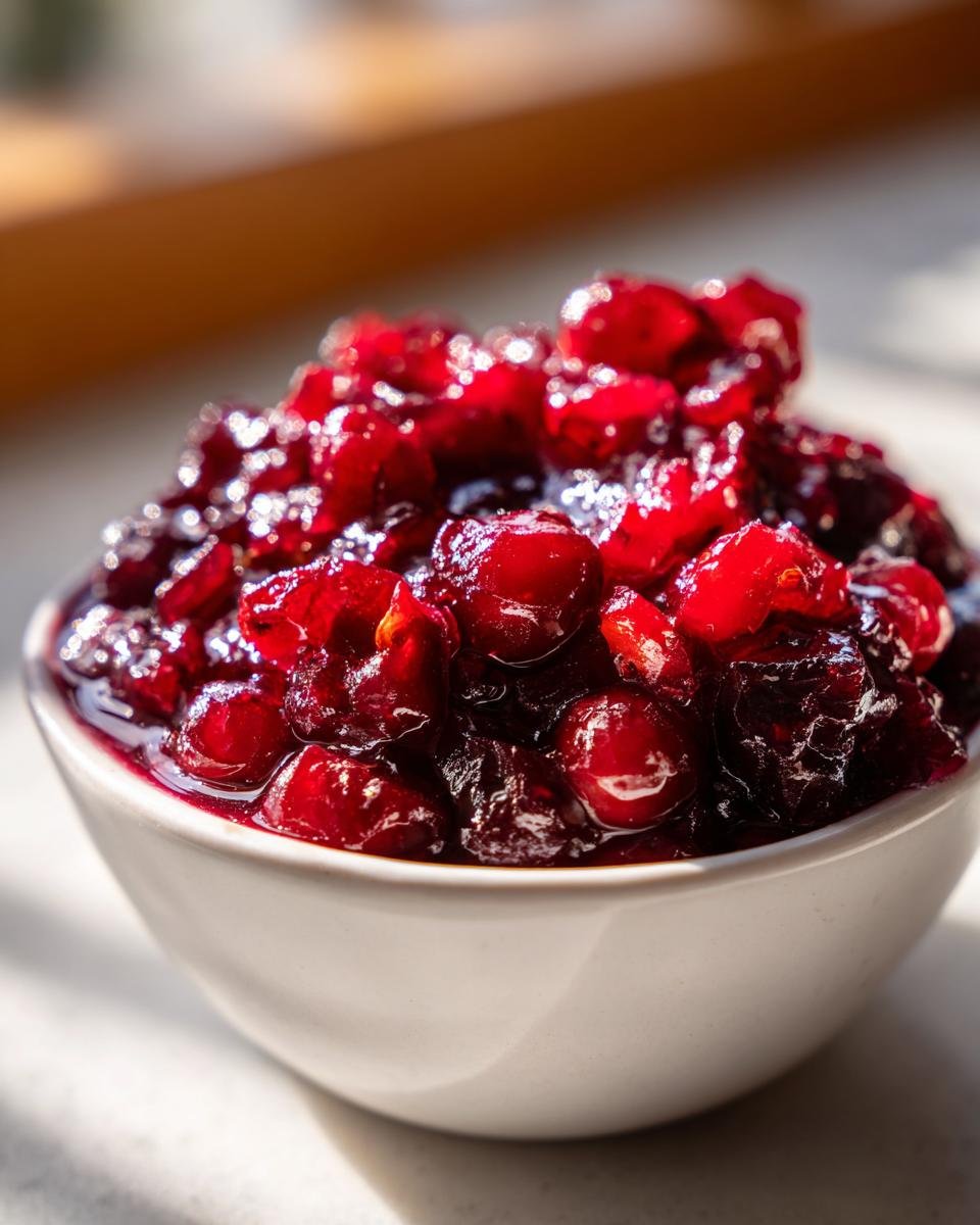 Close-up of chunky, glistening homemade cranberry sauce recipe served in a small white bowl.