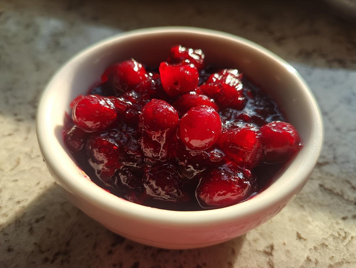 Close-up of vibrant, chunky homemade cranberry sauce recipe in a small white bowl.