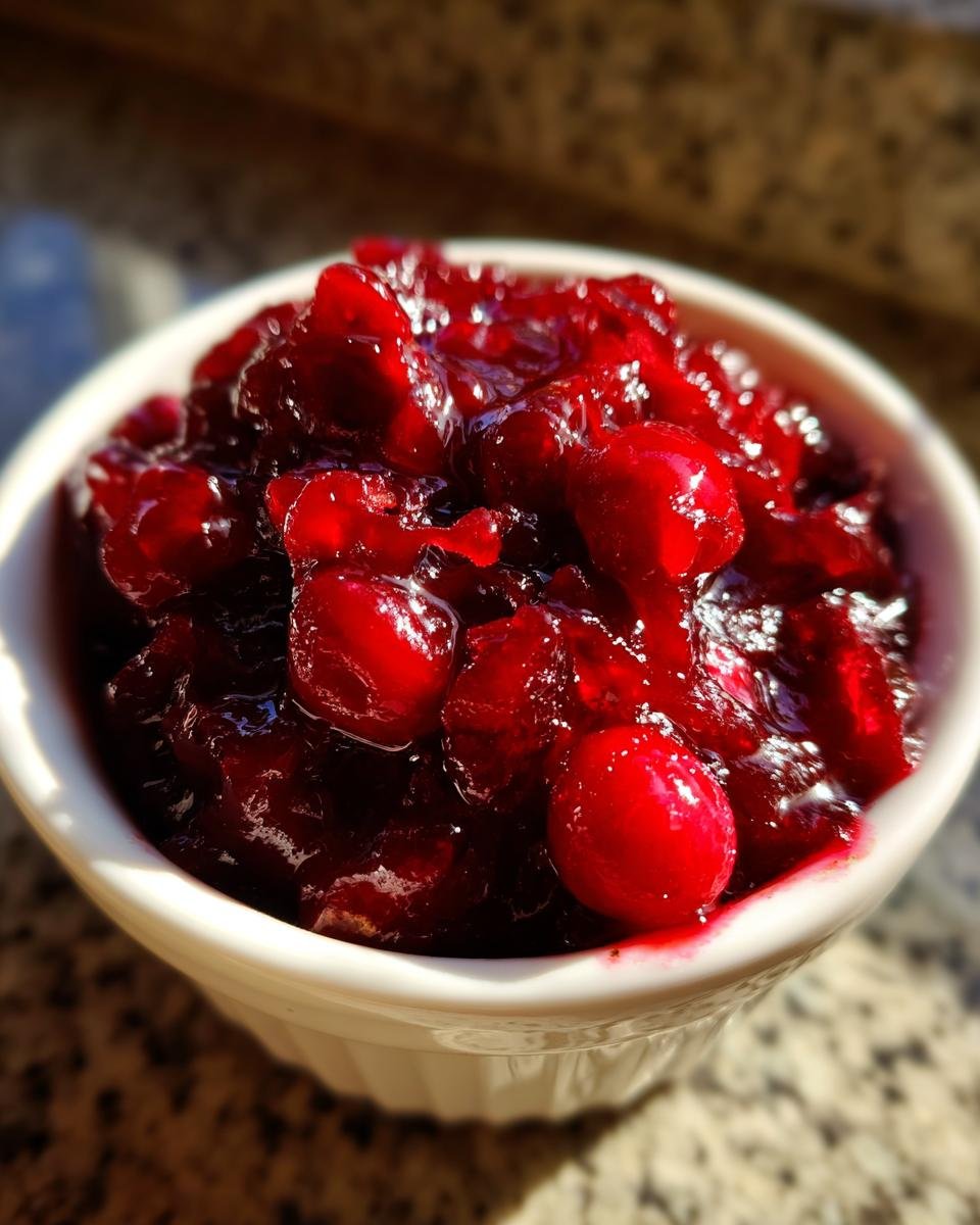 Close-up of chunky homemade cranberry sauce recipe served in a small white bowl.