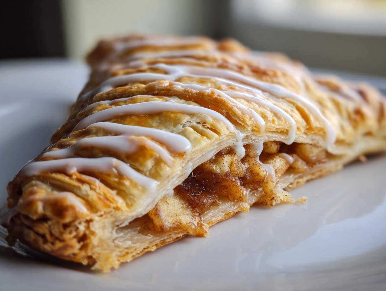 A flaky pastry filled with apple cinnamon filling, drizzled with white icing, representing Homemade Vegan Apple Cinnamon Pop Tarts.