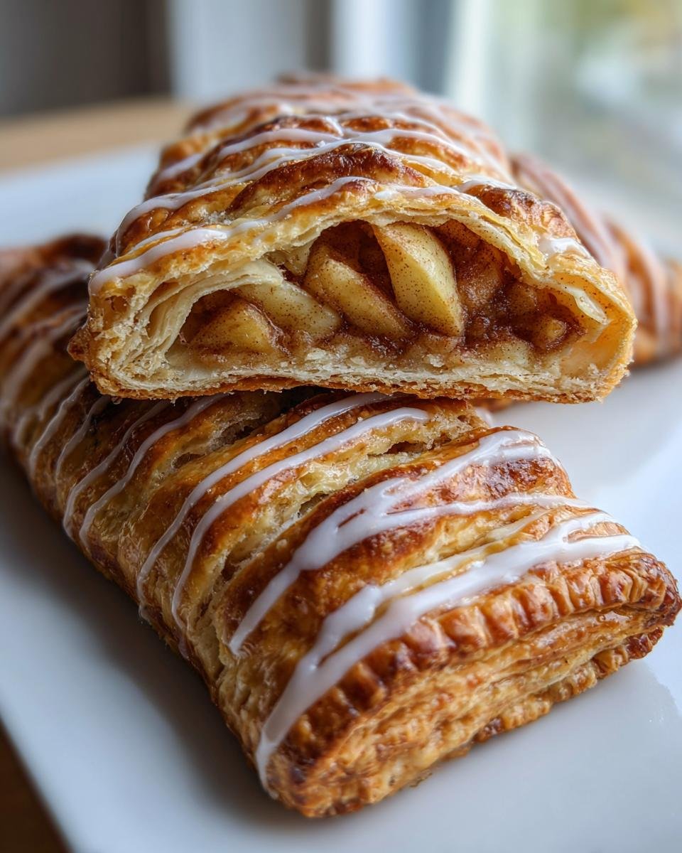 Close-up of Homemade Vegan Apple Cinnamon Pop Tarts cut in half showing flaky pastry and apple filling.