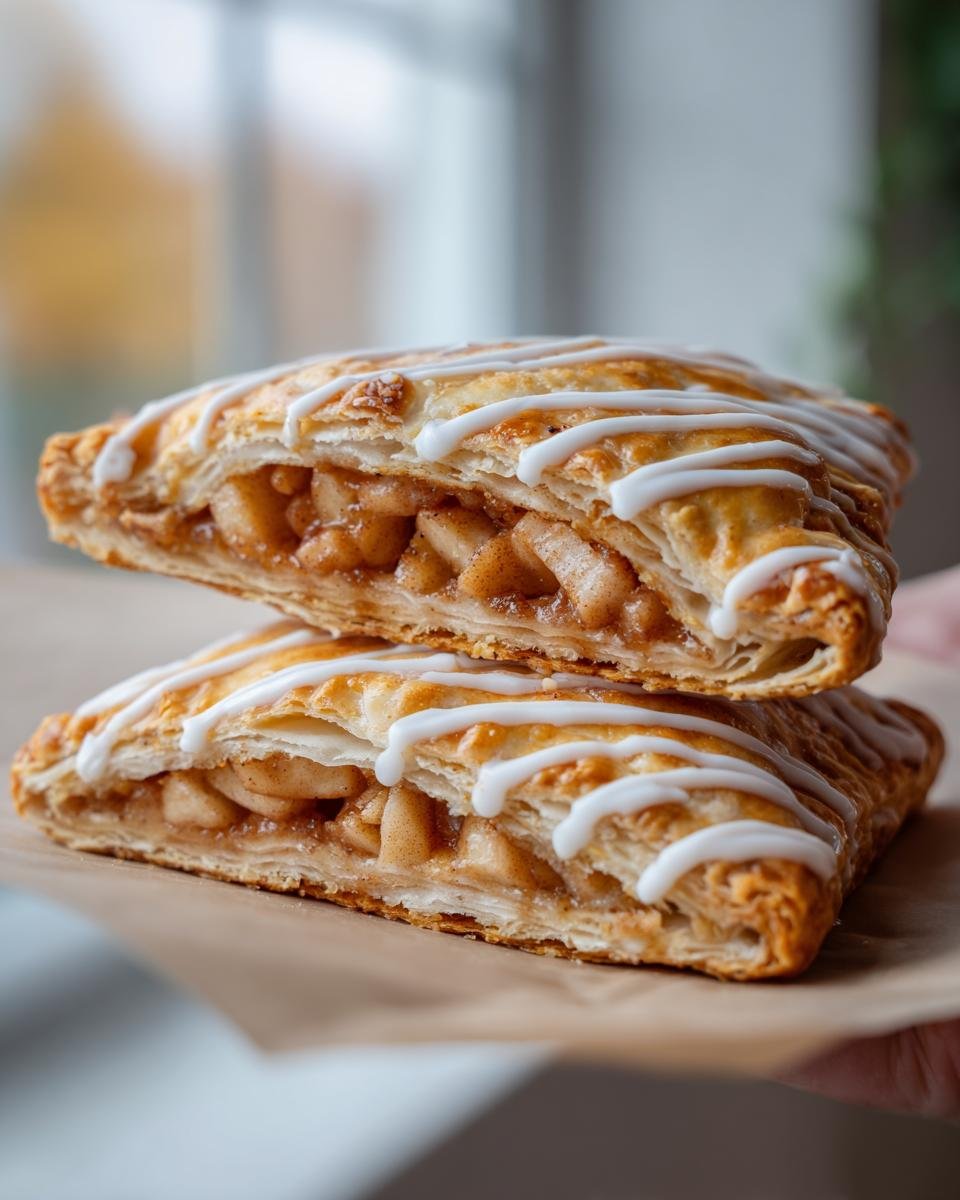 Two halves of a Homemade Vegan Apple Cinnamon Pop Tart stacked, showing flaky pastry and chunky apple filling.
