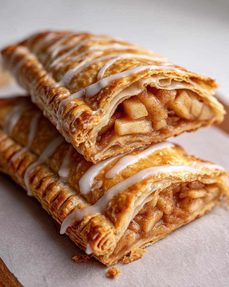 Two halves of Homemade Vegan Apple Cinnamon Pop Tarts stacked, showing flaky pastry and cinnamon apple filling with white icing.