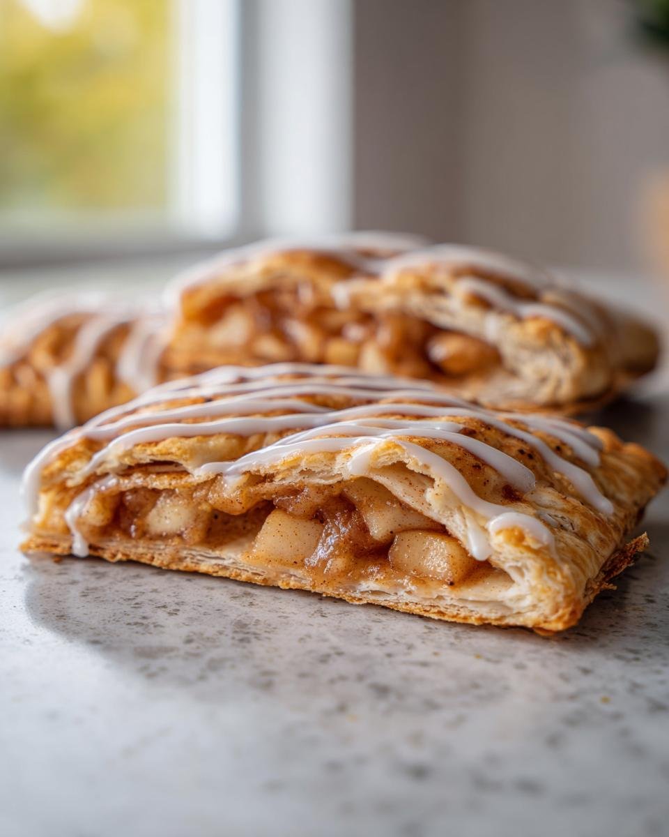 Close-up of a Homemade Vegan Apple Cinnamon Pop Tart cut in half, showing flaky pastry and spiced apple filling with white icing.