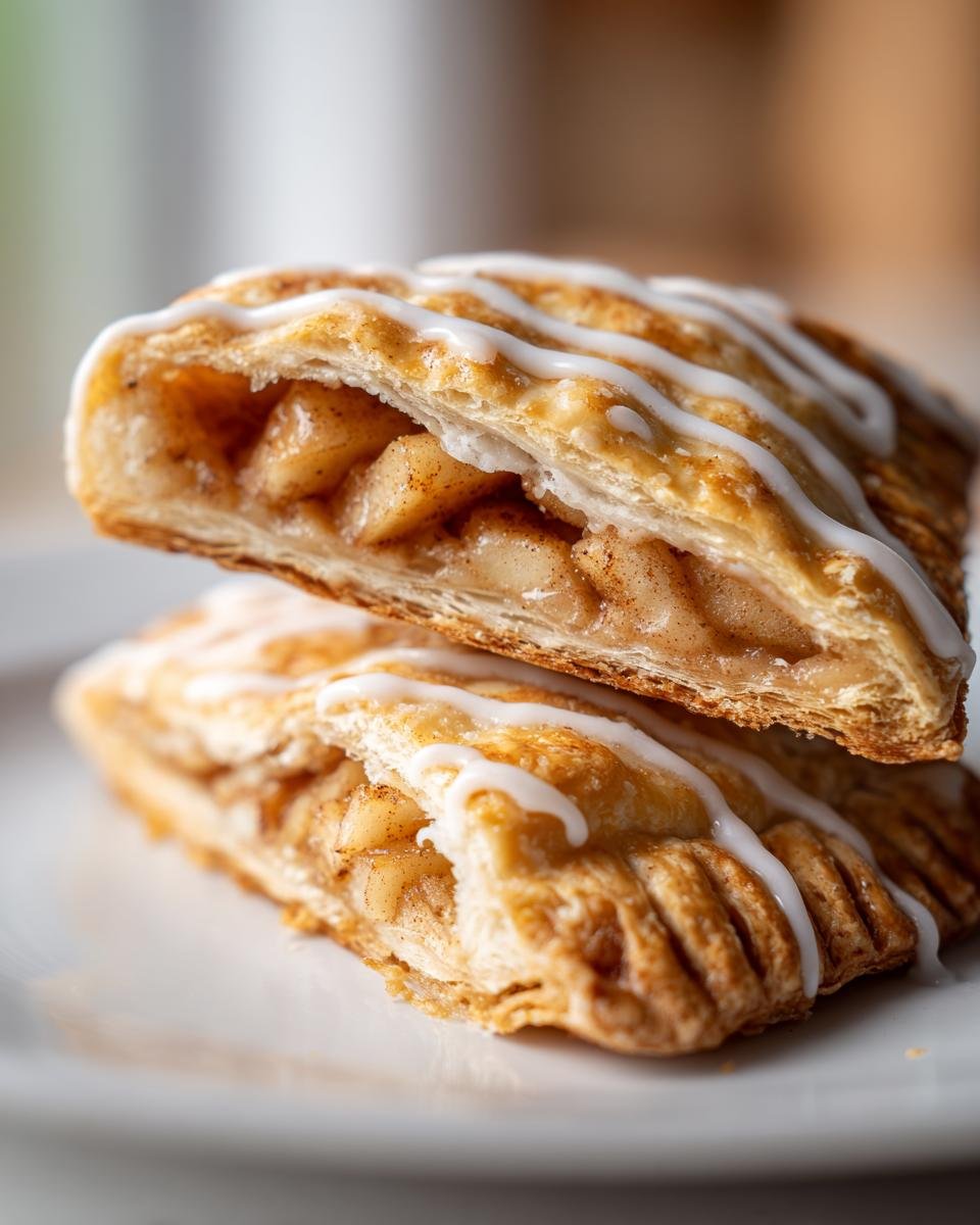Two Homemade Vegan Apple Cinnamon Pop Tarts stacked, showing flaky pastry and warm apple filling, drizzled with icing.