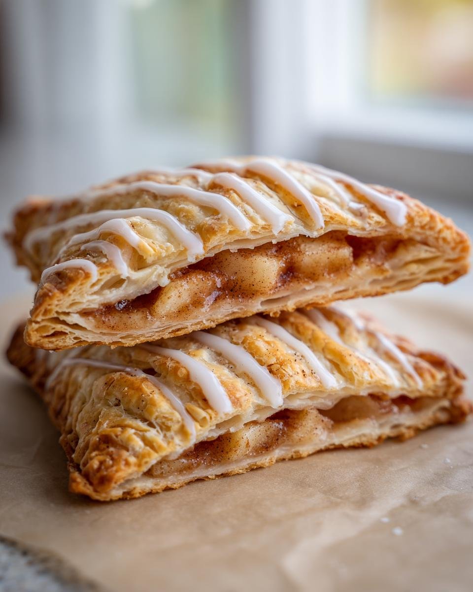 Two stacked Homemade Vegan Apple Cinnamon Pop Tarts with flaky pastry and white drizzle icing.