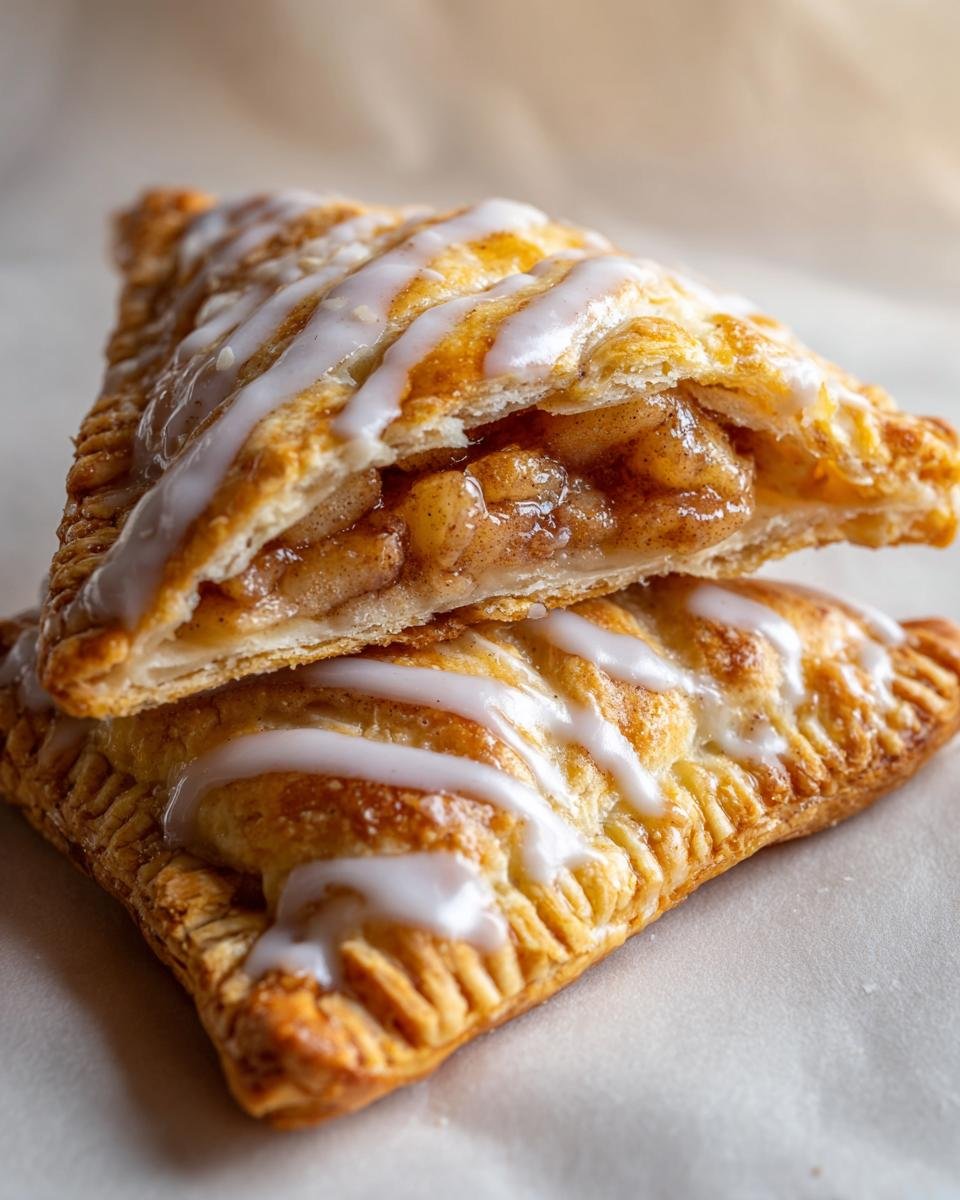 Two stacked Homemade Vegan Apple Cinnamon Pop Tarts with flaky crust and white icing drizzle.