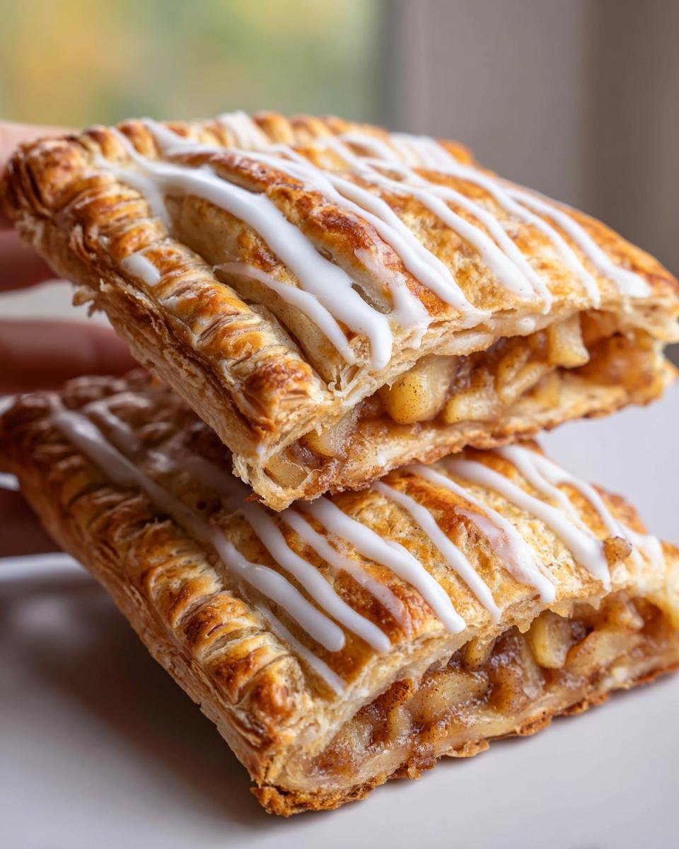Two halves of Homemade Vegan Apple Cinnamon Pop Tarts stacked, showing flaky crust and apple filling with white icing.
