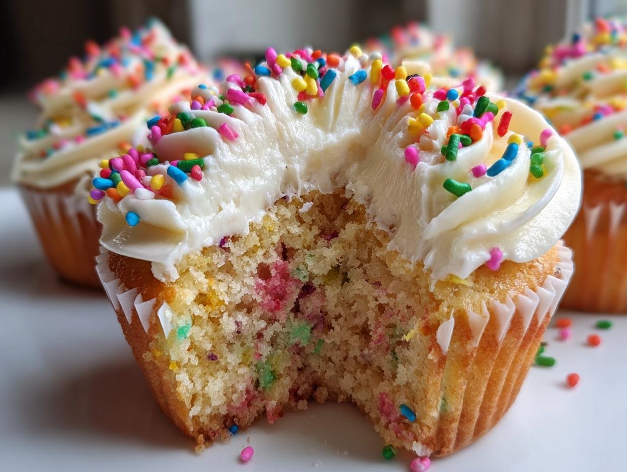 Close-up of a Homemade Vegan Funfetti Sprinkles Cupcake with a bite taken out, showing the colorful cake interior and white frosting.