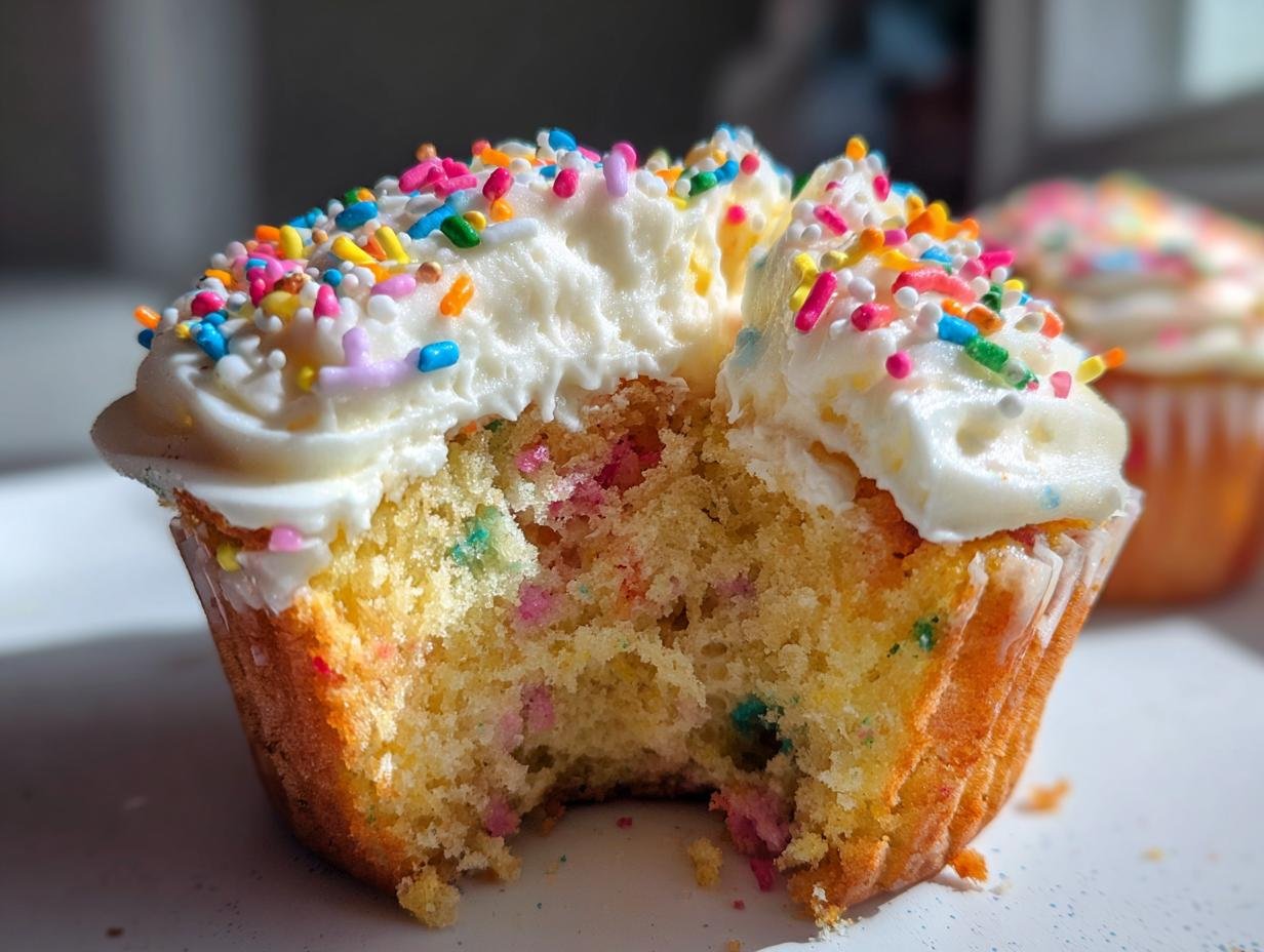 Close-up of a Homemade Vegan Funfetti Sprinkles Cupcake with a bite taken out, showing colorful sprinkles inside and white frosting.