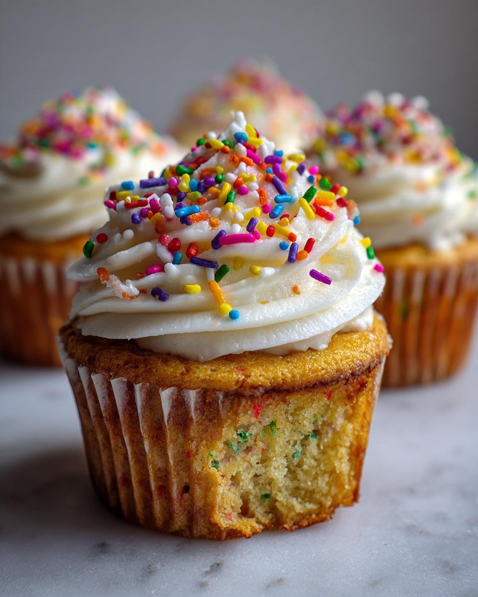 A close-up of a Homemade Vegan Funfetti Sprinkles Cupcakes with a bite taken out, showing colorful sprinkles in the cake and on the white frosting.