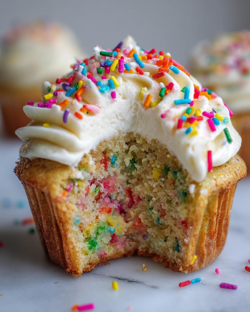 Close-up of a Homemade Vegan Funfetti Sprinkles Cupcakes with a bite taken out, showing colorful sprinkles inside the cake.