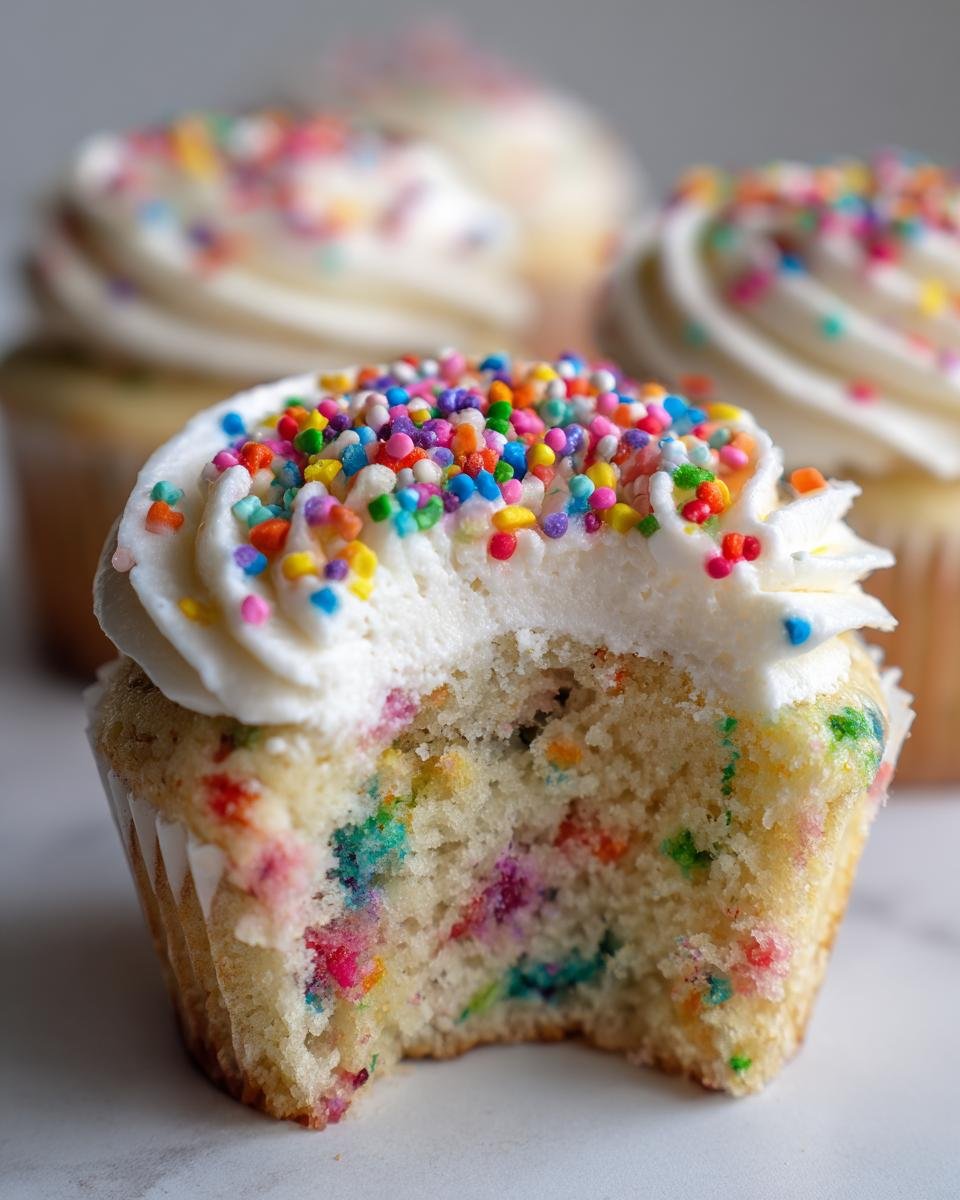 Close-up of a Homemade Vegan Funfetti Sprinkles Cupcakes with a bite taken out, showing colorful sprinkles in the cake and frosting.
