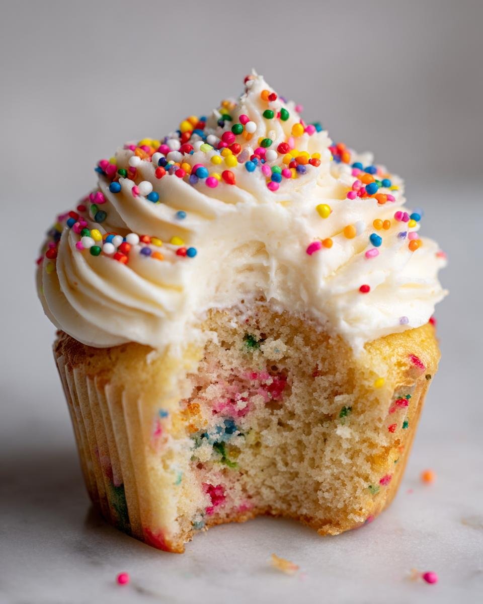 Close-up of a Homemade Vegan Funfetti Sprinkles Cupcakes with a bite taken out, showing the moist interior and white frosting.