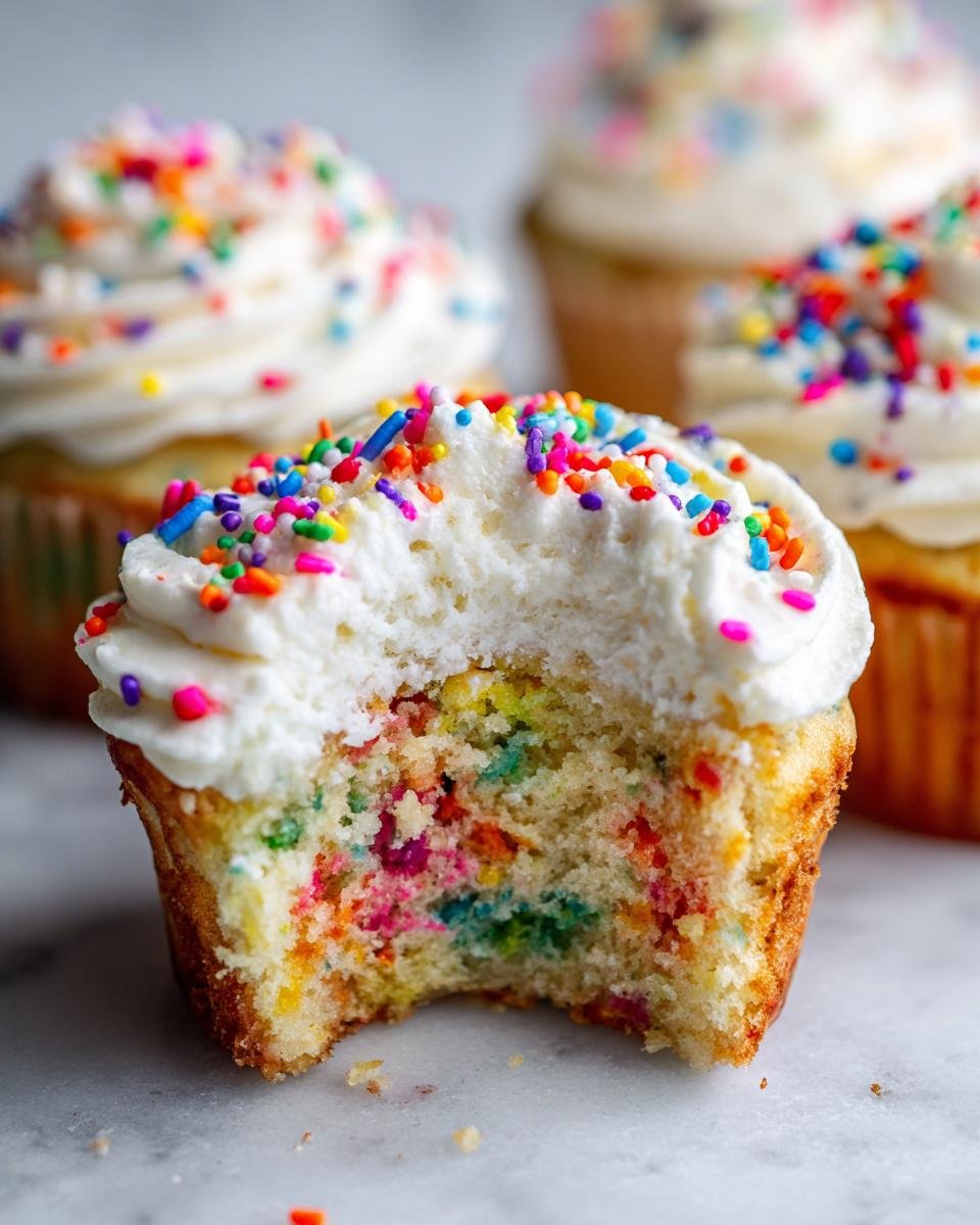 A close-up of a Homemade Vegan Funfetti Sprinkles Cupcakes with a bite taken out, showing colorful sprinkles inside the cake.