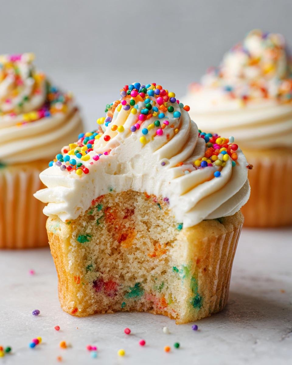 Close-up of a Homemade Vegan Funfetti Sprinkles Cupcakes with a bite taken out, showing colorful sprinkles in the cake and frosting.