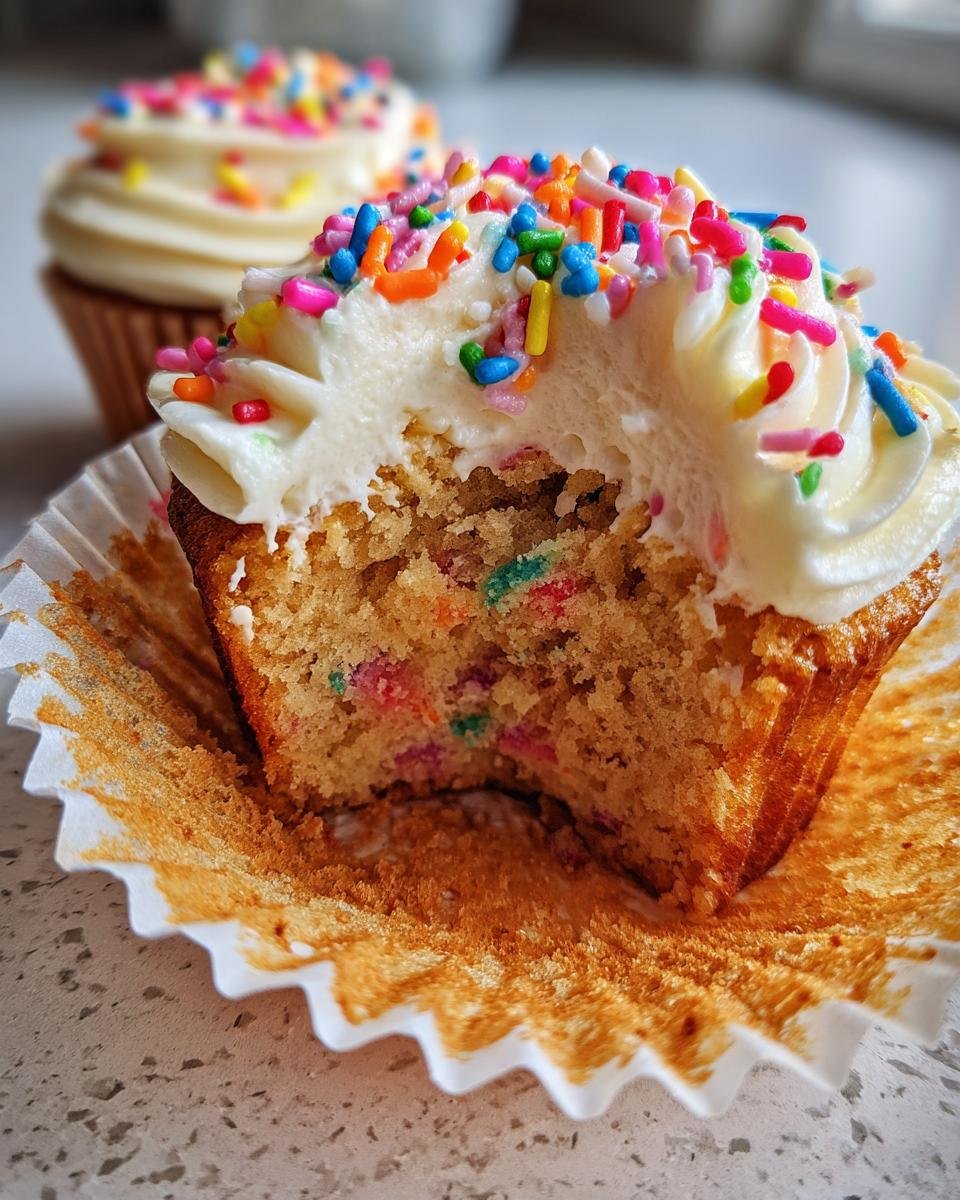 Close-up of a Homemade Vegan Funfetti Sprinkles Cupcakes cut in half, showing colorful sprinkles inside the cake and on the white frosting.