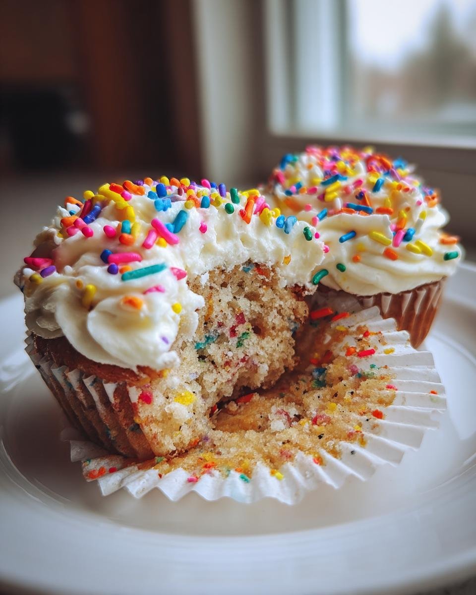 Close-up of a Homemade Vegan Funfetti Sprinkles Cupcakes cut in half showing the colorful sprinkles inside the cake.
