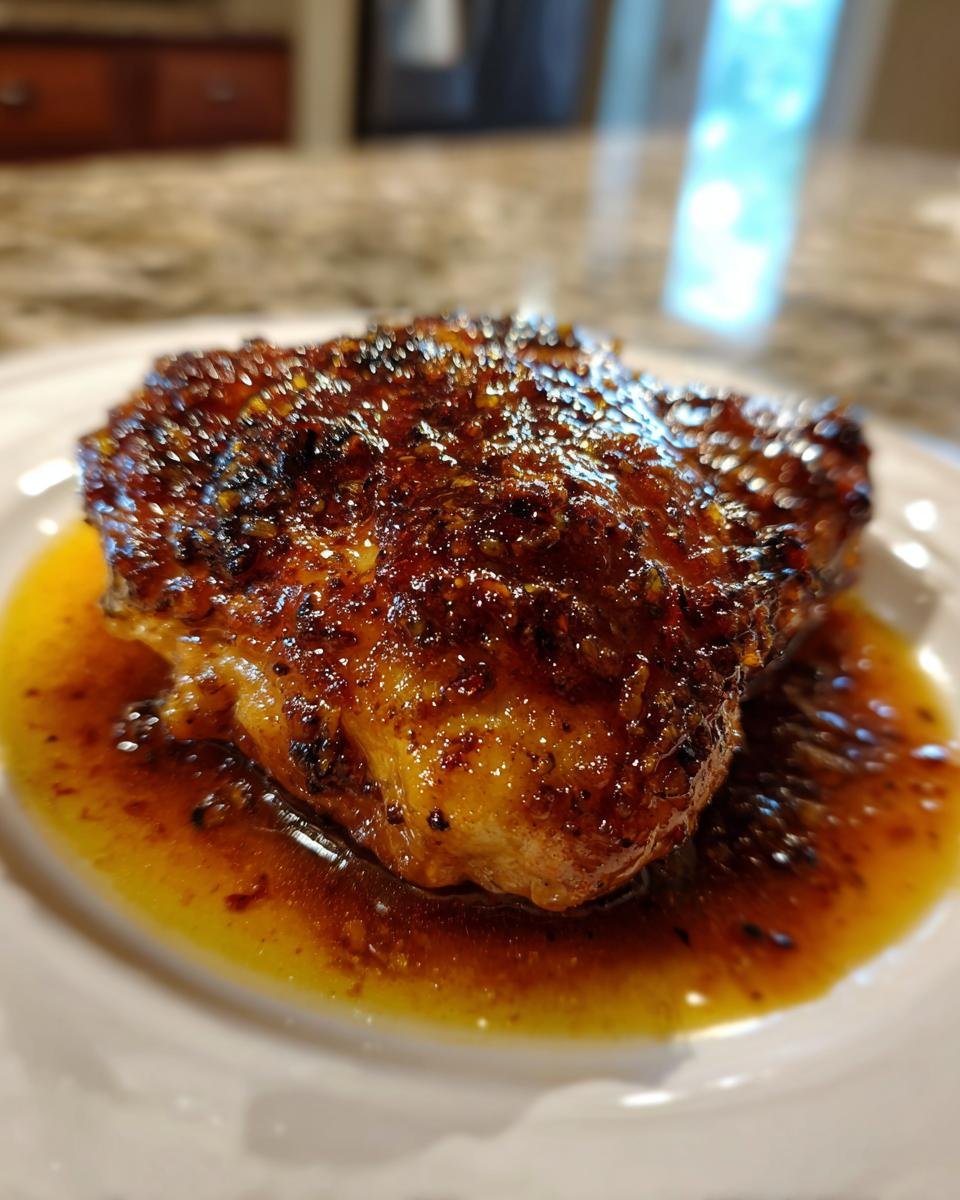 Close-up of a perfectly cooked chicken thigh coated in a thick, glossy Honey Beer Sauce.