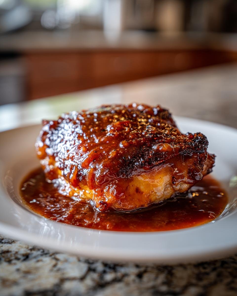 Close-up of a perfectly cooked chicken thigh coated in a thick, glossy Honey Beer Sauce.