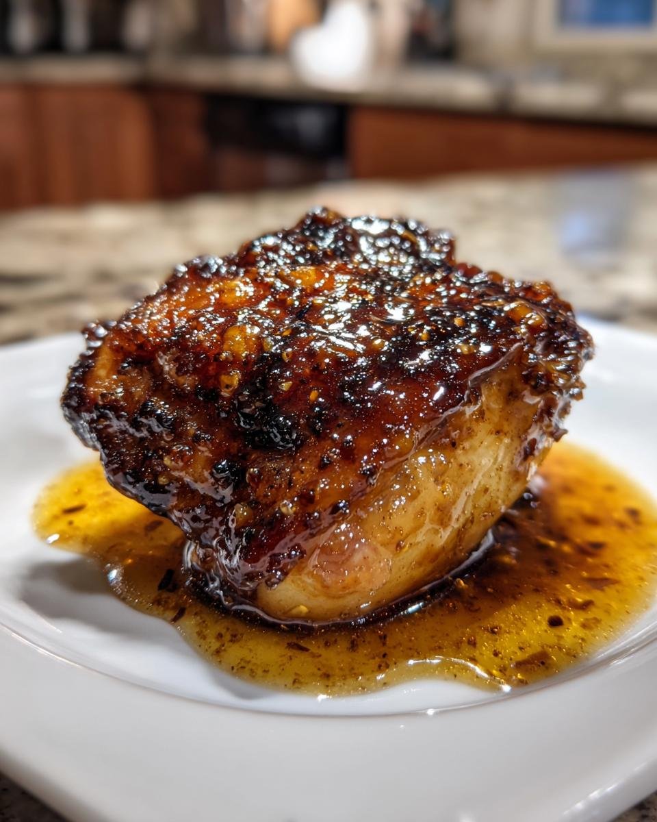 A single, perfectly glazed chicken thigh coated in sticky Honey Beer Sauce resting in a pool of sauce.