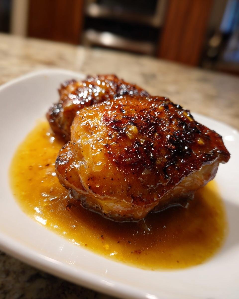 Close-up of two glazed Honey Beer Sauce Chicken Thighs sitting in a pool of amber sauce on a white plate.