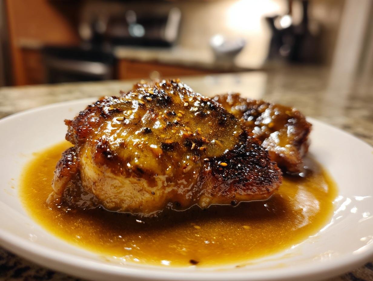 Close-up of two glazed Honey Beer Sauce Chicken Thighs resting in a pool of sauce on a white plate.