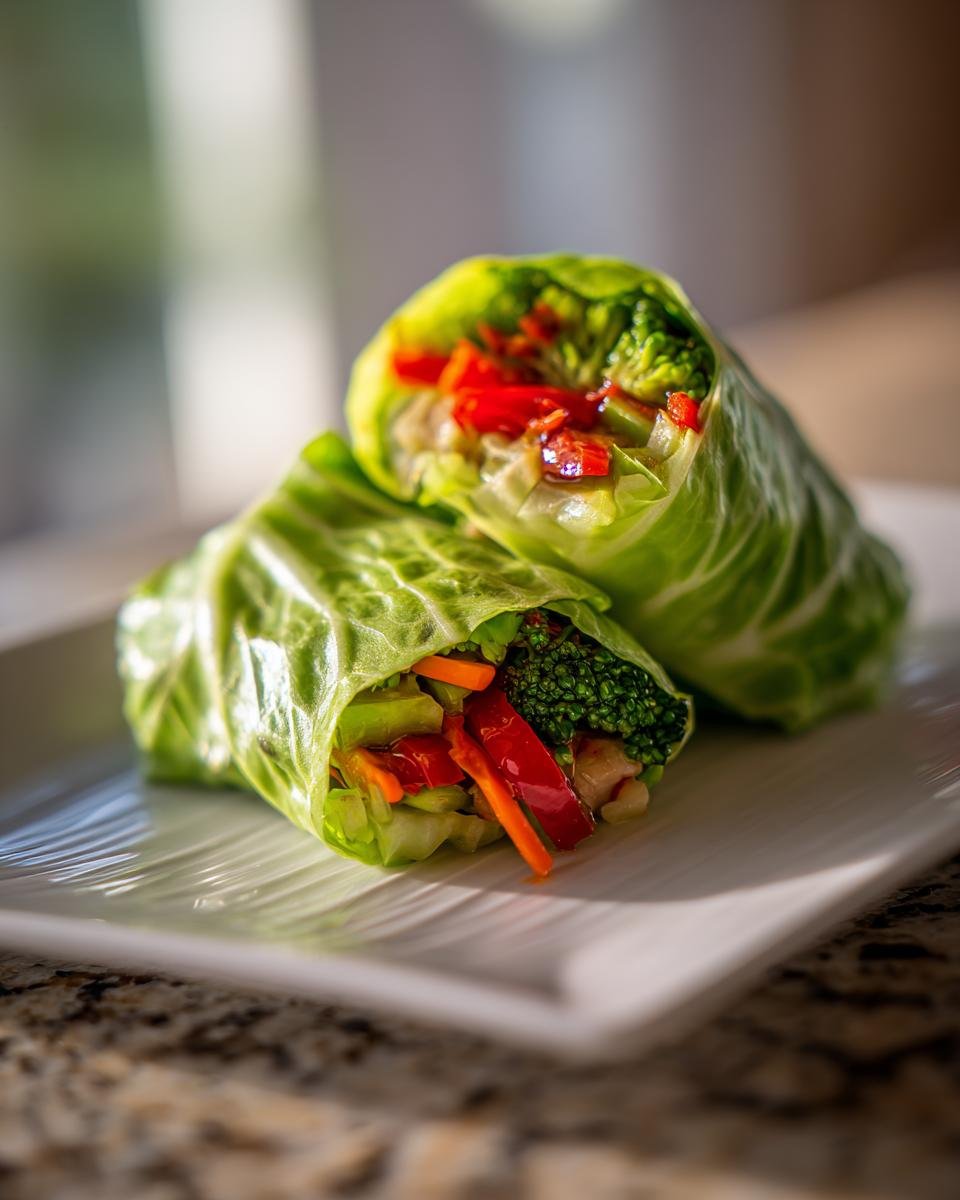 Two halves of Honey Garlic Chicken Vegetable Rollups wrapped in bright green cabbage leaves, showing colorful filling.