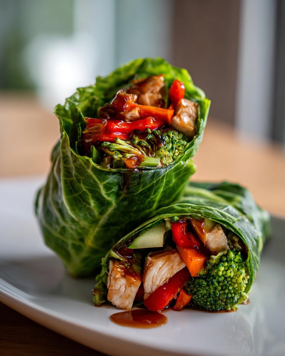 Two Honey Garlic Chicken Vegetable Rollups wrapped in large green leaves, showing chicken, broccoli, and red pepper filling.