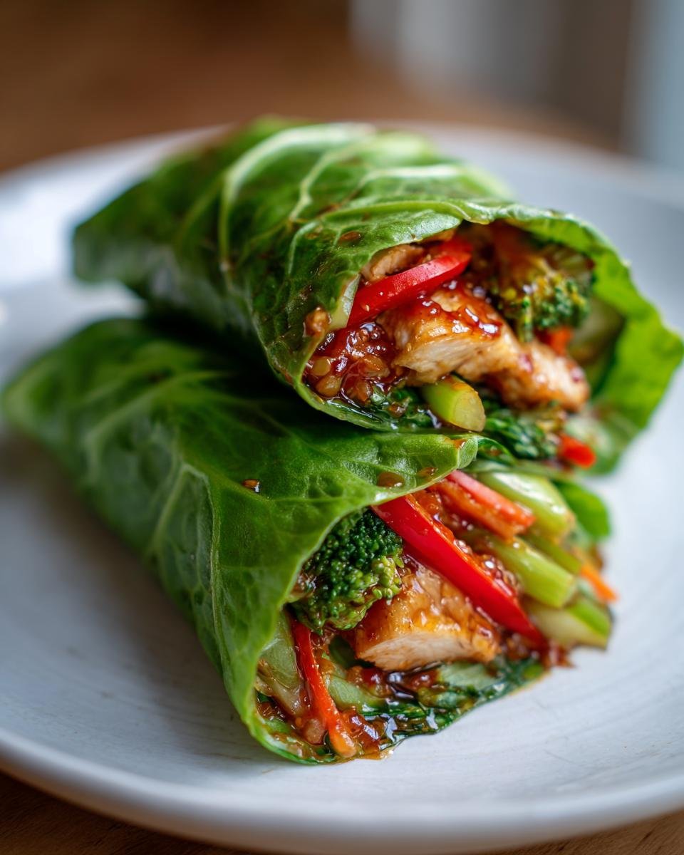 Two Honey Garlic Chicken Vegetable Rollups wrapped in large green leaves, filled with chicken, broccoli, and red pepper strips.
