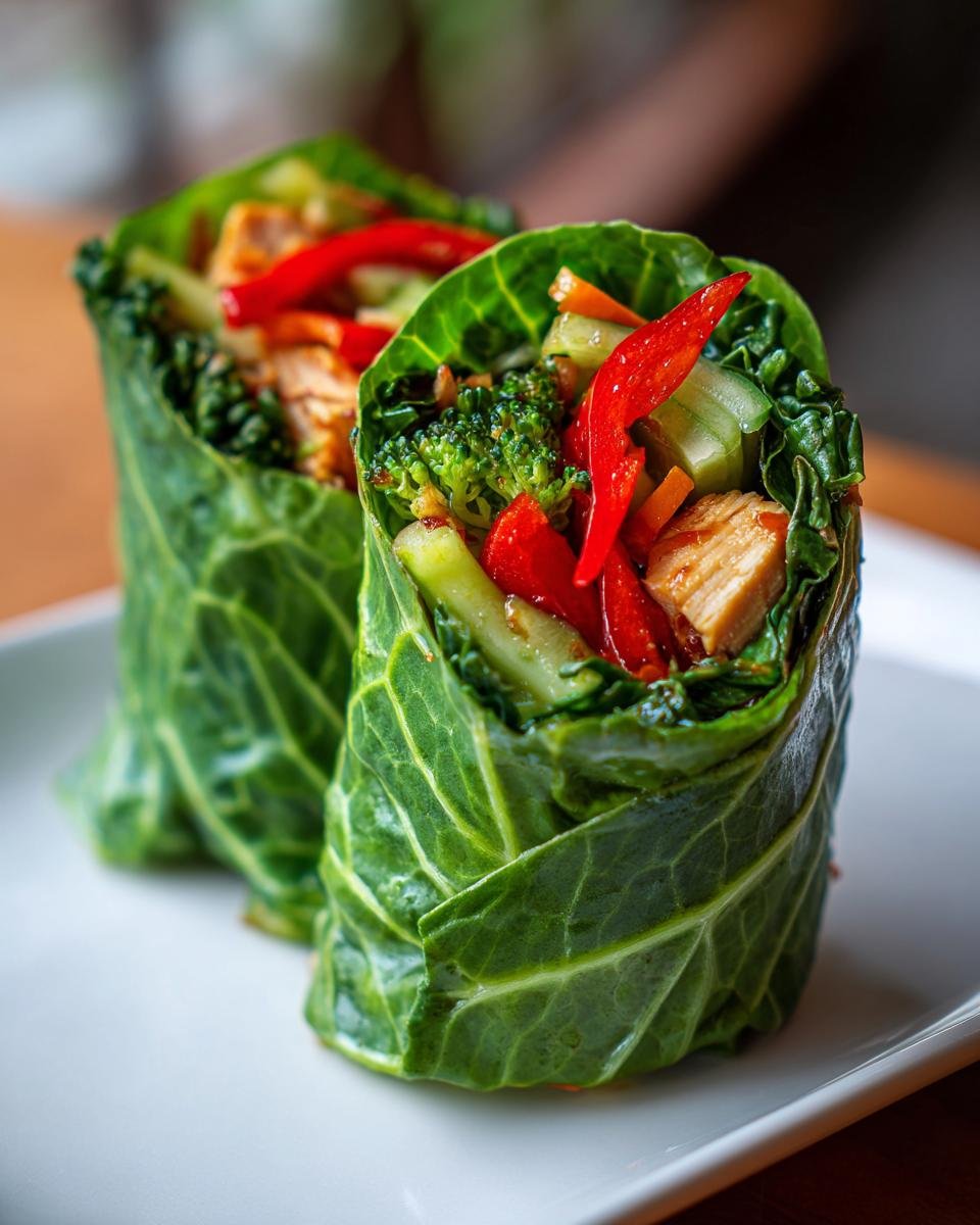Two Honey Garlic Chicken Vegetable Rollups wrapped tightly in large green leaves, filled with chicken, broccoli, and red pepper.