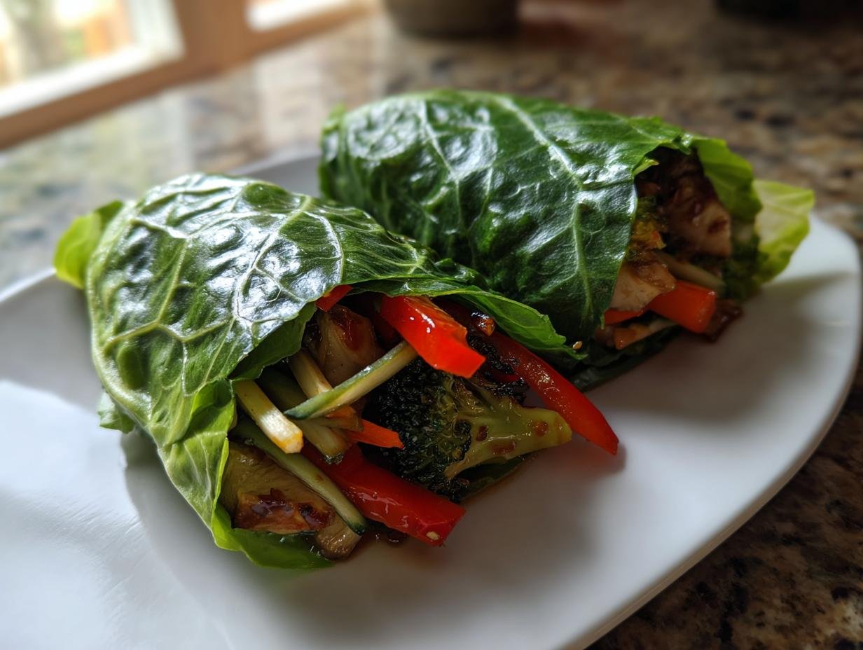 Two Honey Garlic Chicken Vegetable Rollups wrapped in large green leaves, showing filling of chicken, red pepper, and broccoli.