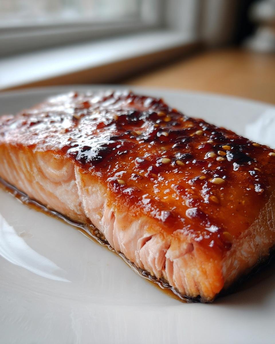 Close-up of a perfectly cooked salmon fillet coated in a shiny Honey Garlic Sauce and sprinkled with sesame seeds.