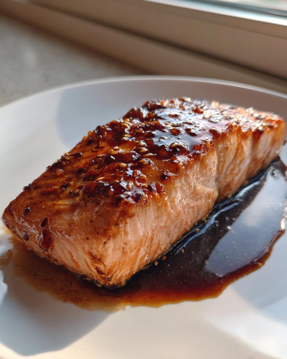 A perfectly cooked fillet of Honey Garlic Sauce Salmon glazed with sesame seeds on a white plate.