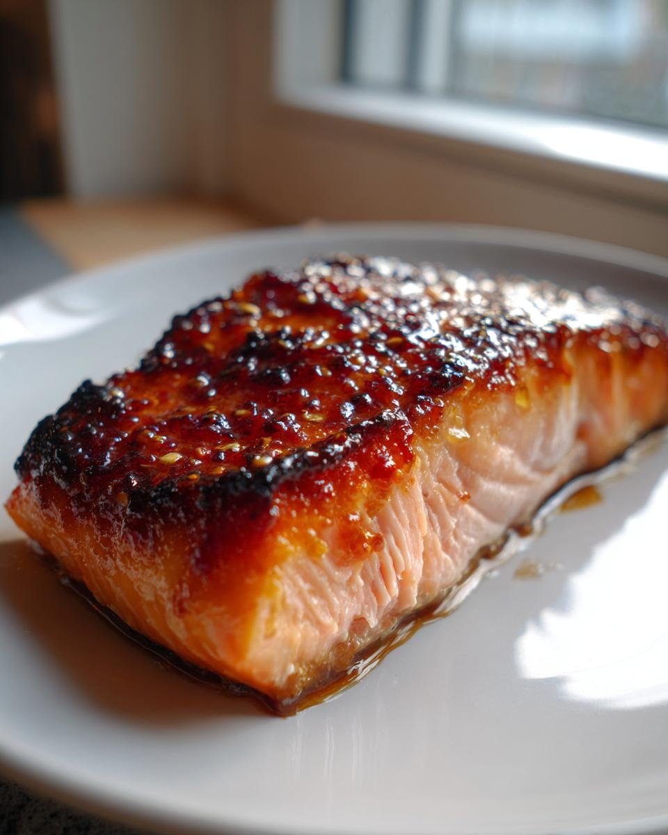 Close-up of a perfectly cooked salmon fillet coated in a thick, shiny Honey Garlic Sauce, resting on a white plate.